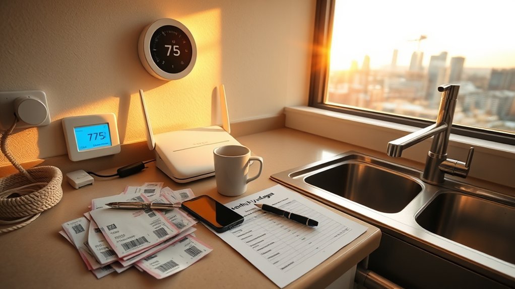 Illustration of monthly utility expenses categories: electricity, water, internet, mobile