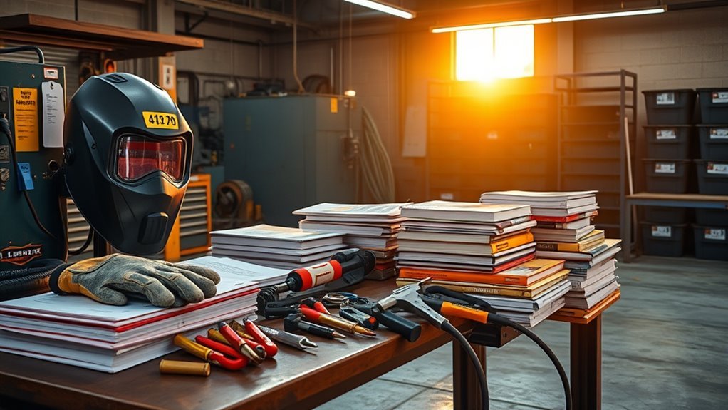 Welding helmet, gloves, and hand tools laid out on a workbench