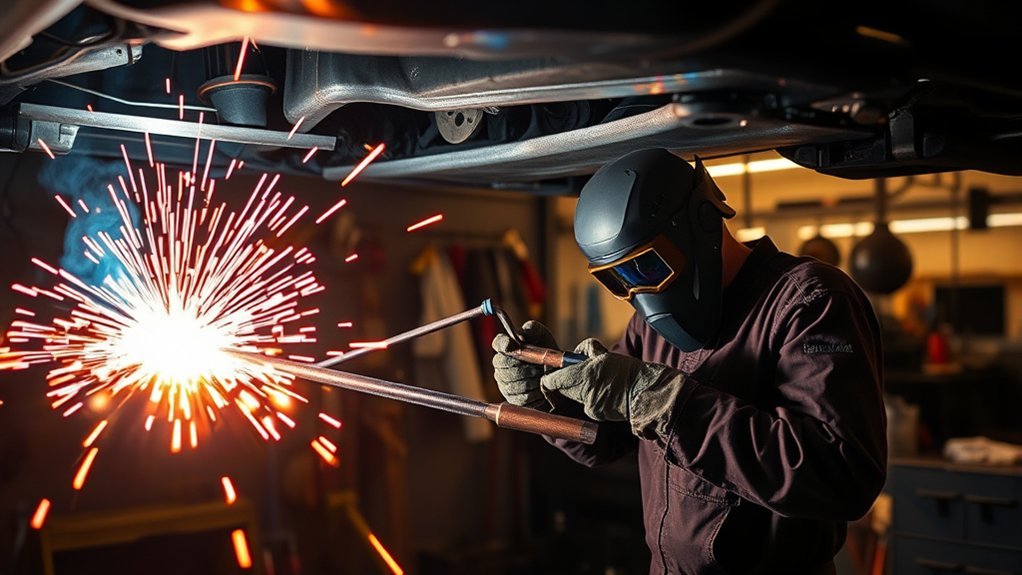 Mechanic performing automotive welding on a vehicle body panel