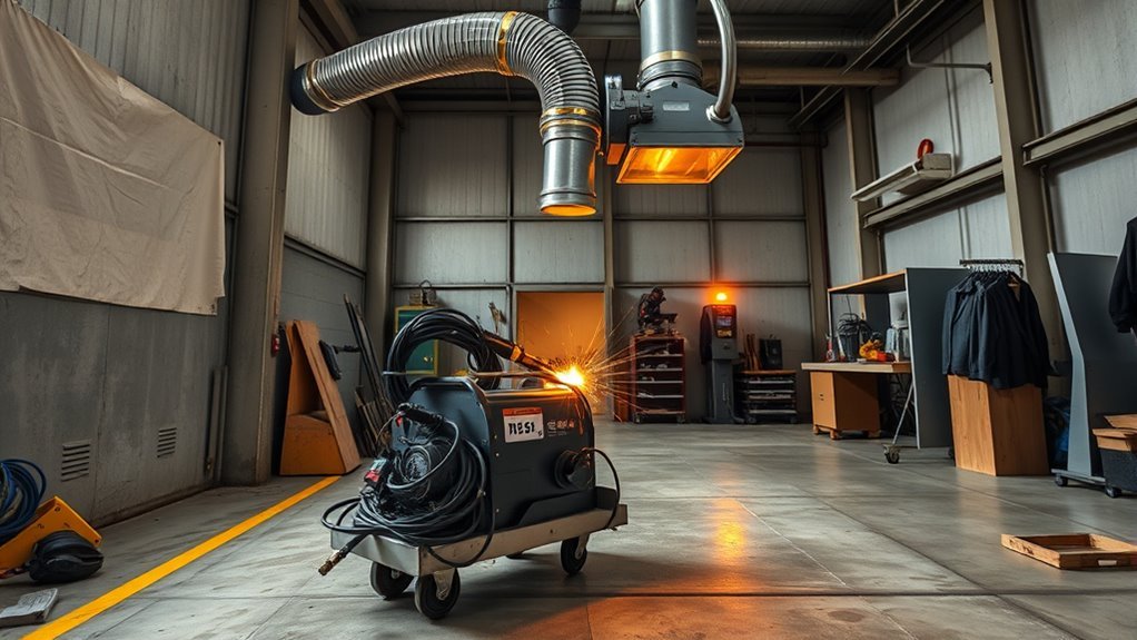 Portable welding fume extractor in use near a workpiece