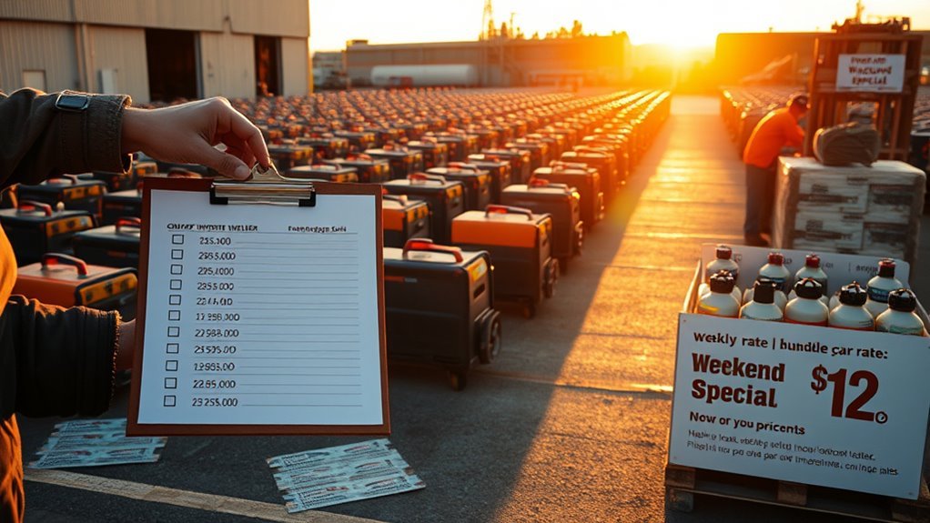 Project manager reviewing welding equipment rental invoices to find savings