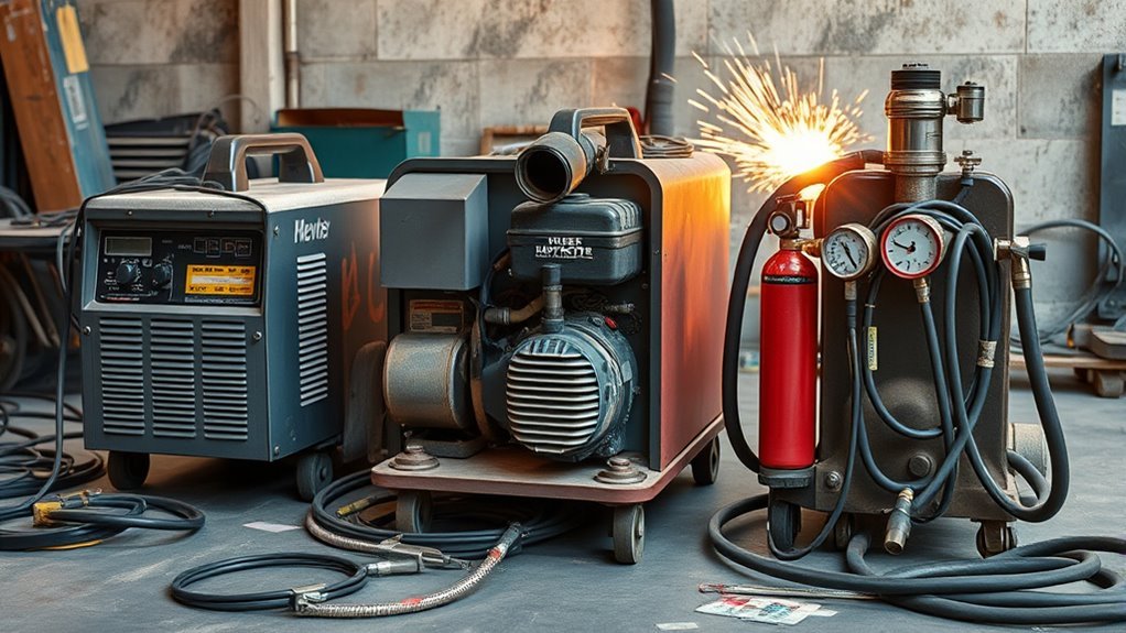 Technician comparing gas, diesel and electric welding machines