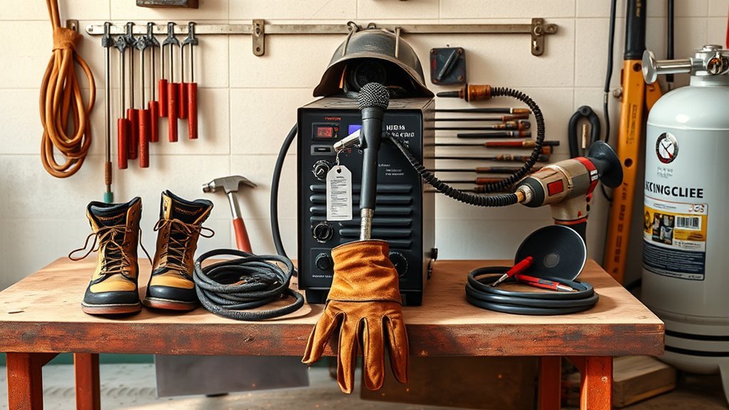 Selection of welding accessories such as cables, fume extractors and hoods